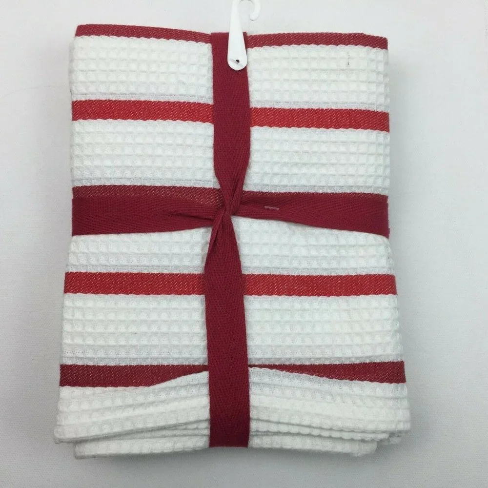 Red White Waffle Weave Dish Kitchen Stripe Towels Set 3